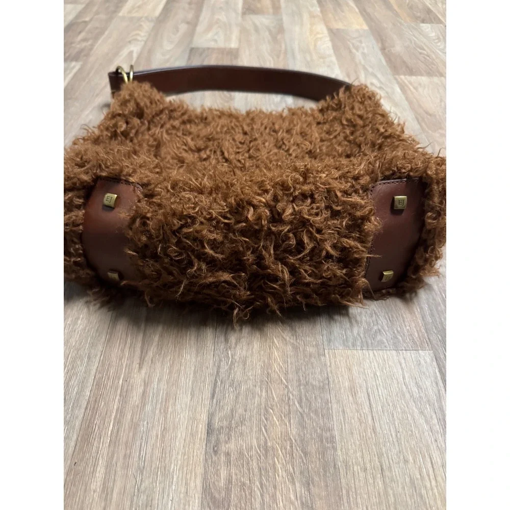 Eric Javits Brown Faux Fur Hobo Bag Leather Trim Adjustable Strap Shoulder Bag